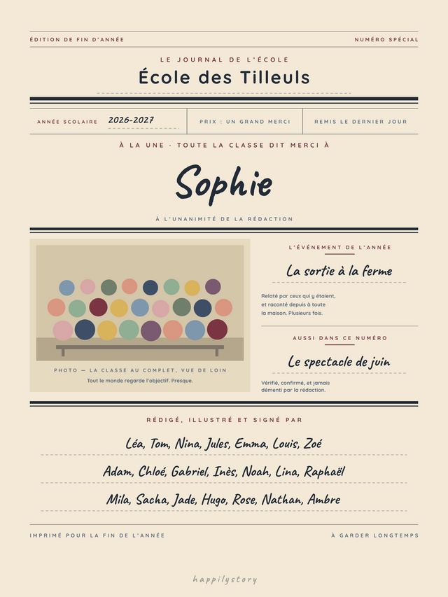 Le journal de notre année, affiche personnalisable remplie avec des valeurs d'exemple
