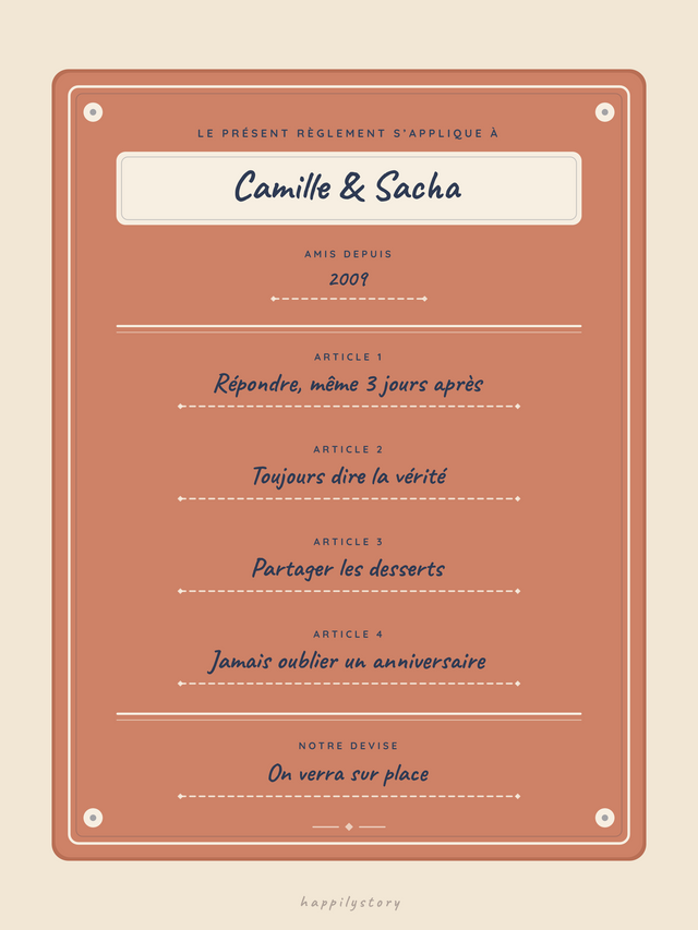 Les règles de notre amitié, affiche personnalisable remplie avec des valeurs d'exemple
