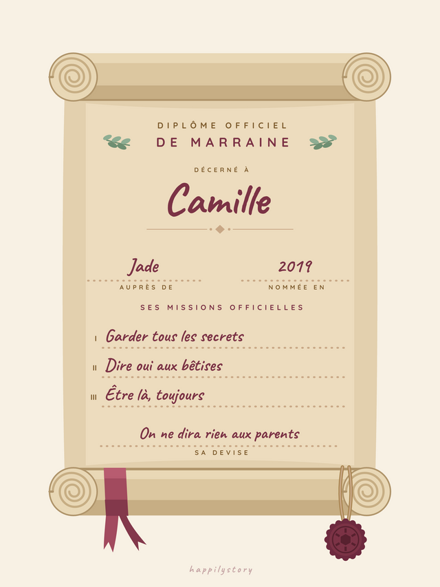 Le diplôme de la meilleure marraine, affiche personnalisable remplie avec des valeurs d'exemple