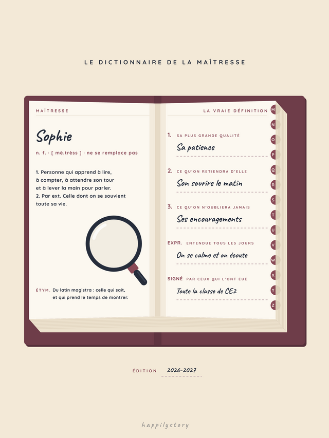 Le dictionnaire de la maîtresse, affiche personnalisable remplie avec des valeurs d'exemple