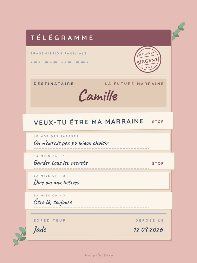 Veux-tu être ma marraine ?, affiche personnalisable remplie avec des valeurs d'exemple