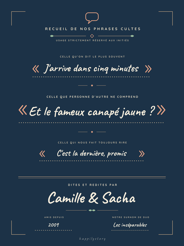 Nos phrases cultes, affiche personnalisable remplie avec des valeurs d'exemple