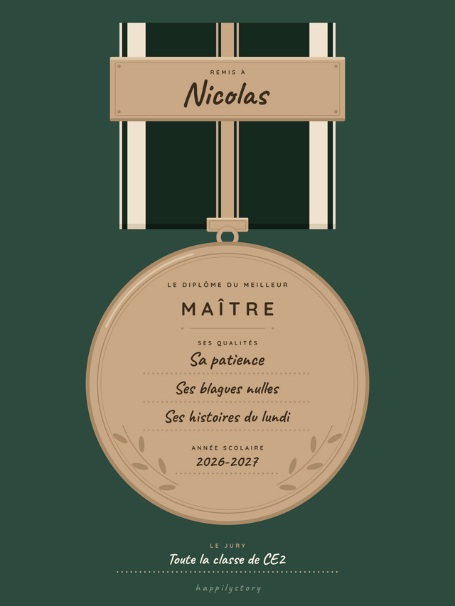 Le diplôme du meilleur maître, affiche personnalisable remplie avec des valeurs d'exemple