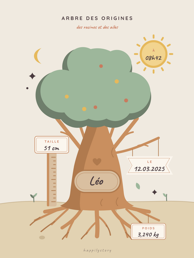 Arbre des origines, affiche personnalisable remplie avec des valeurs d'exemple