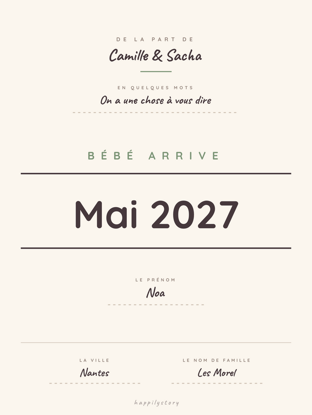 Bébé arrive, affiche personnalisable remplie avec des valeurs d'exemple