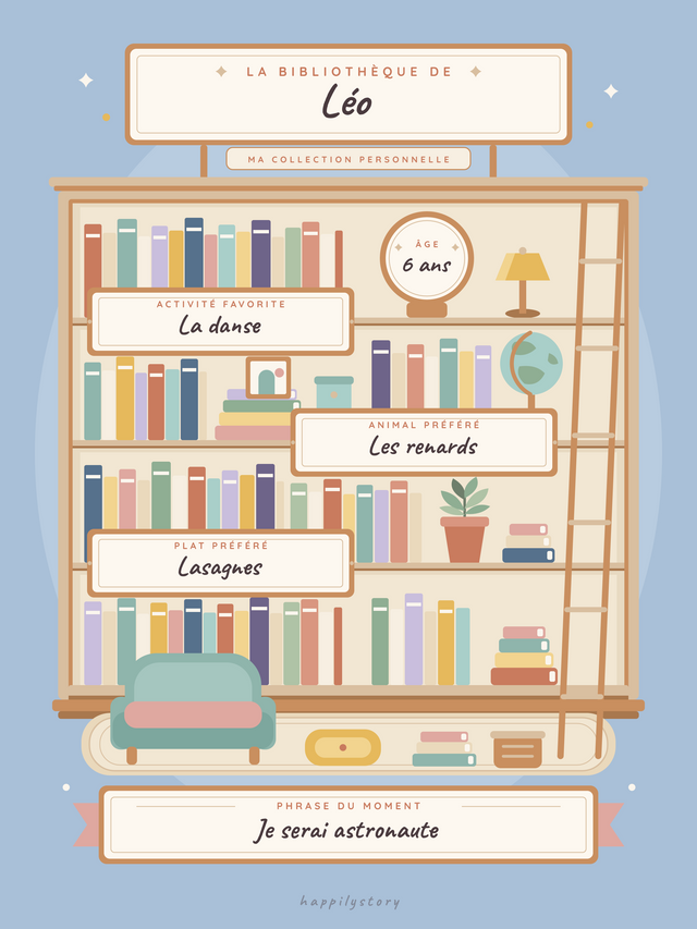 La bibliothèque de mon histoire, affiche personnalisable remplie avec des valeurs d'exemple