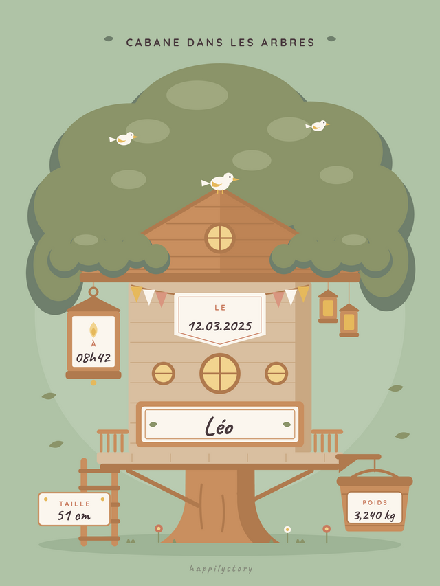 Cabane dans les arbres, affiche personnalisable remplie avec des valeurs d'exemple