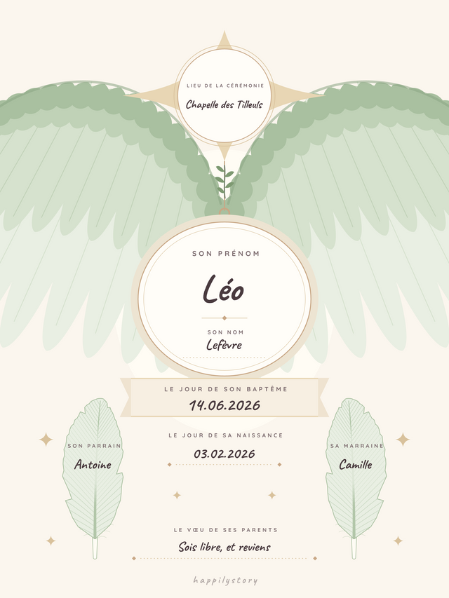 Les ailes protectrices, affiche personnalisable remplie avec des valeurs d'exemple