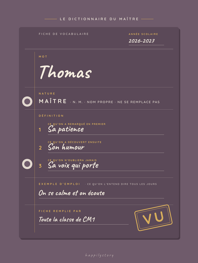 Le dictionnaire du maître, affiche personnalisable remplie avec des valeurs d'exemple