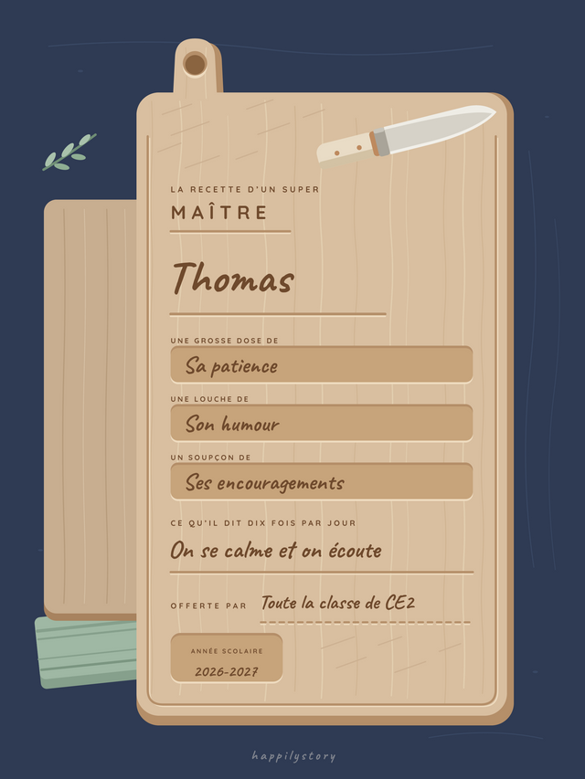 La recette d'un super maître, affiche personnalisable remplie avec des valeurs d'exemple