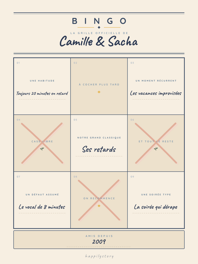 Le bingo de notre amitié, affiche personnalisable remplie avec des valeurs d'exemple