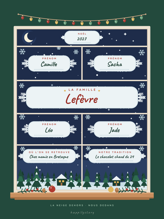 La fenêtre givrée, affiche personnalisable remplie avec des valeurs d'exemple