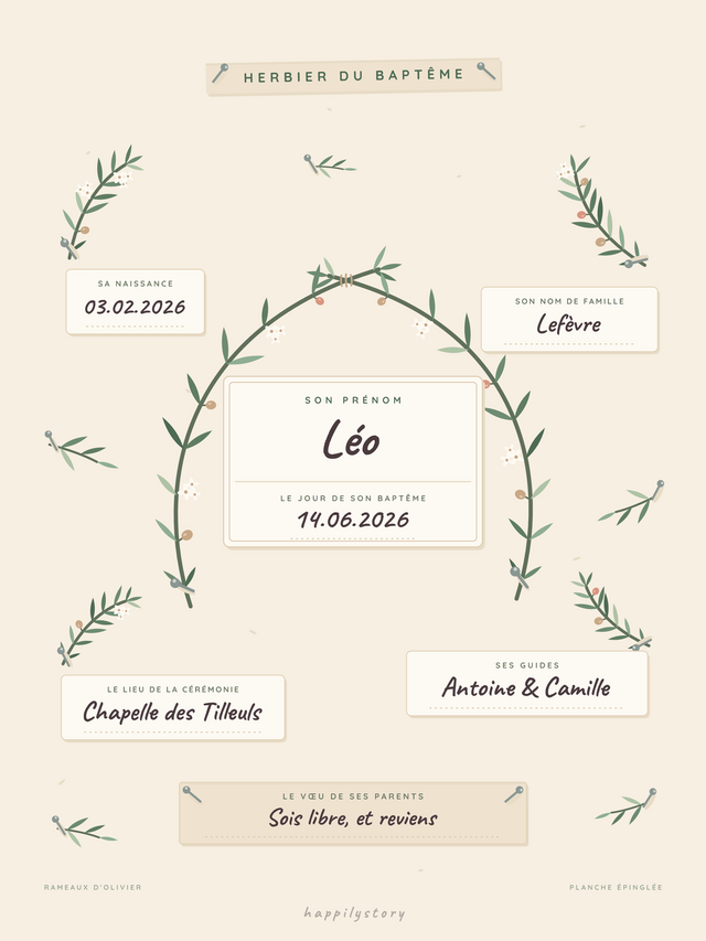 L'herbier du baptême, affiche personnalisable remplie avec des valeurs d'exemple