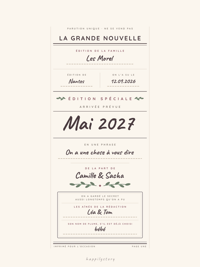 La une de notre grande nouvelle, affiche personnalisable remplie avec des valeurs d'exemple