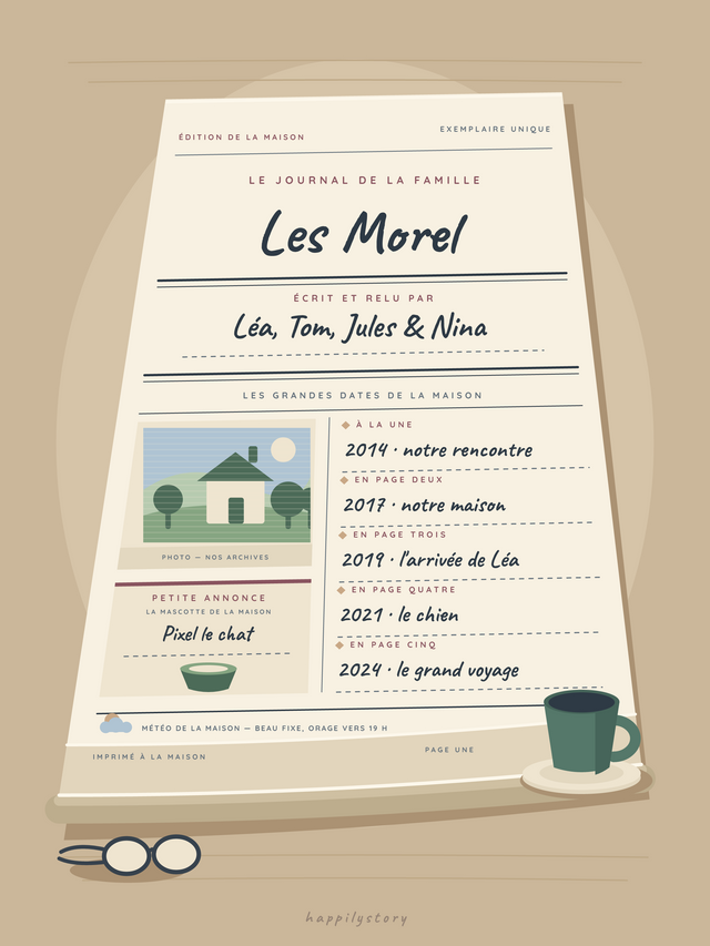 Le journal de notre famille, affiche personnalisable remplie avec des valeurs d'exemple
