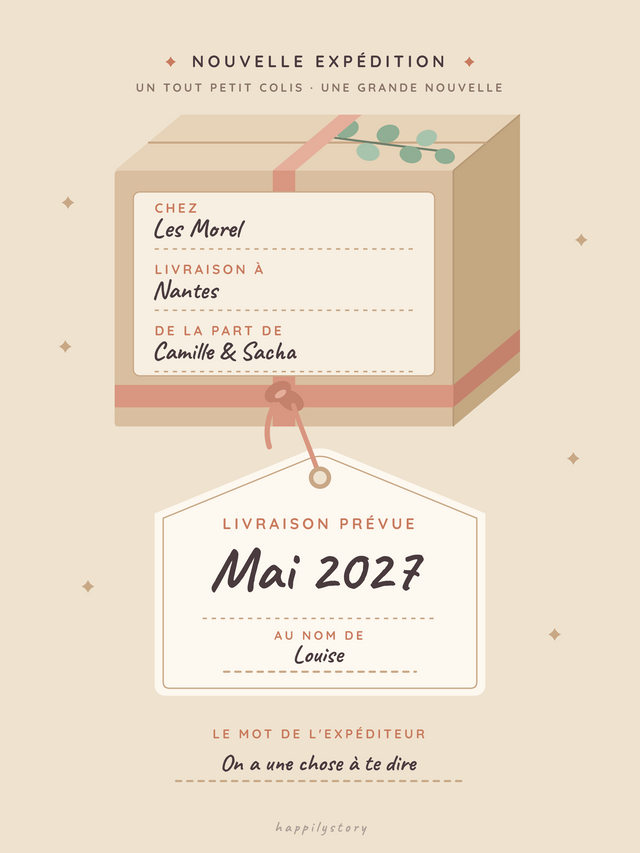 Le petit colis arrive, affiche personnalisable remplie avec des valeurs d'exemple