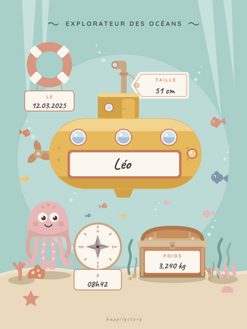 Affiche naissance personnalisée | Sous-marin explorateur