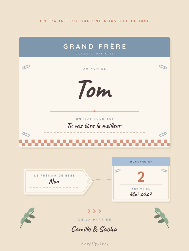 Tu vas être grand frère, affiche personnalisable remplie avec des valeurs d'exemple
