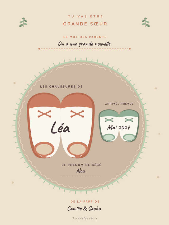 Tu vas être grande sœur, affiche personnalisable remplie avec des valeurs d'exemple