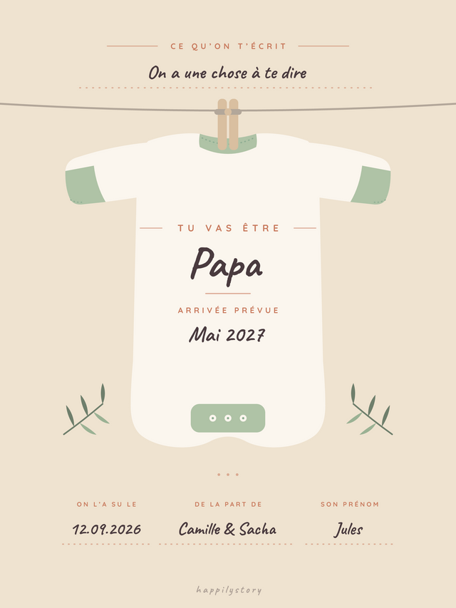 Tu vas être papa, affiche personnalisable remplie avec des valeurs d'exemple