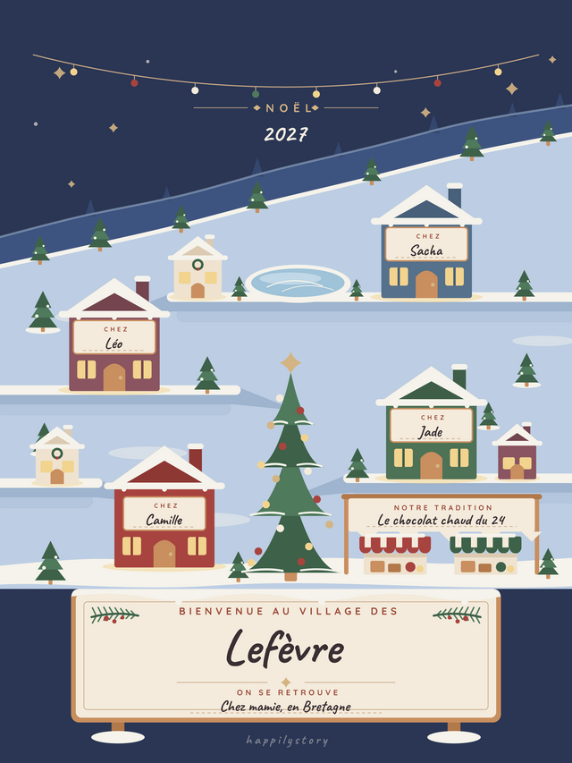 Le village enneigé, affiche personnalisable remplie avec des valeurs d'exemple